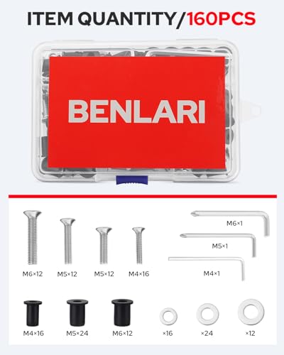 Benlari 52 Pairs Well Nut Bolts Kit, 304 Stainless Steel Countersunk Screws M4 M5 M6 TPR Rubber Expansion Nuts Brass Copper Bolts Fit for Kayak Motorcycle Marine Boat Windscreen 160 PCS
