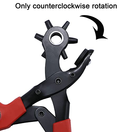 Belt Hole Puncher for Leather Heavy Duty Non-Slip Handle Rotating 6 Heads Professional Punch Tool Revolving Punch Plier Kit (3 Round Holes + 2 Flat Holes + 1 Oval Hole) 3 round holes + 2 flat holes + 1 oval hole