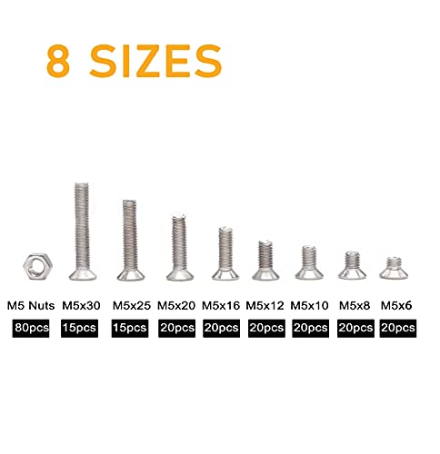 230pcs M5-0.8 x 6mm/8mm/10mm/12mm/16mm/20mm/25mm/30mm Flat Countersunk Head Phillips Screws with M5 Hex Nuts Kit, 304 Stainless Steel / A2-70/18-8, Full Thread, Plain Finish