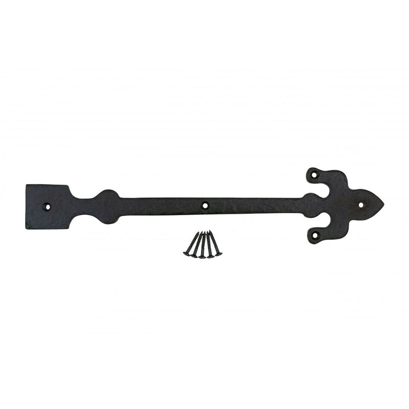 Renovators Supply Manufacturing Black Wrought Iron Garage Door Decorative Hardware Fleur De Lis Design 12 in. Rust Resistant Dummy Strap Hinge with Mounting Hardware Pack of 2