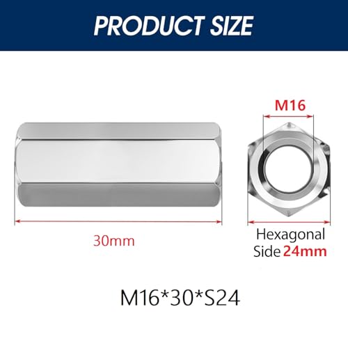 Tissting Hex Coupling Nut M16 x 2, 24mm OD, 30mm Length, 304 Stainless Steel - 5 Pcs Hex Rod Nuts for Threaded Bar Connection, Indoor & Outdoor Use M16x2x30MM