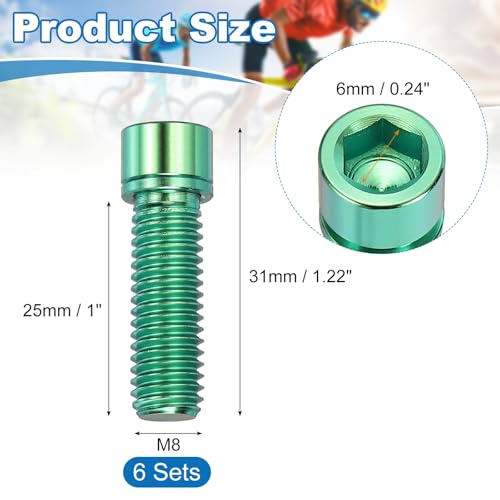6pcs Titanium Bicycle Stem Bolt M8x25mm Hex Socket Green-Fitting