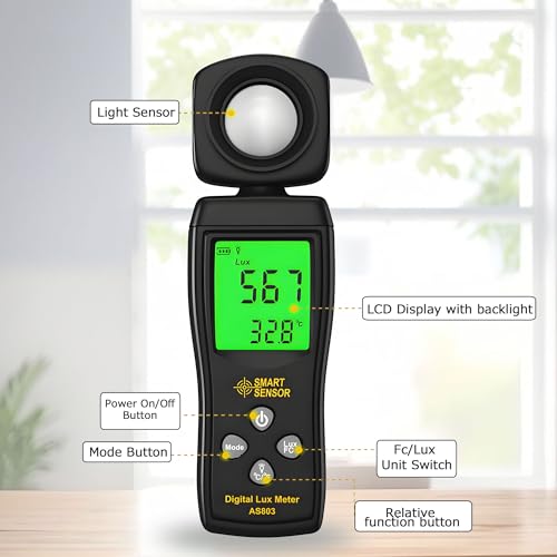 Digital Light Meter, Backlit LCD Display Lux/Foot Candles Meter with 180º Rotating Sensor, Range up to 200,000 Lux Luxmeter,for Photography Plants Lighting Intensity Brightness Measurement Black