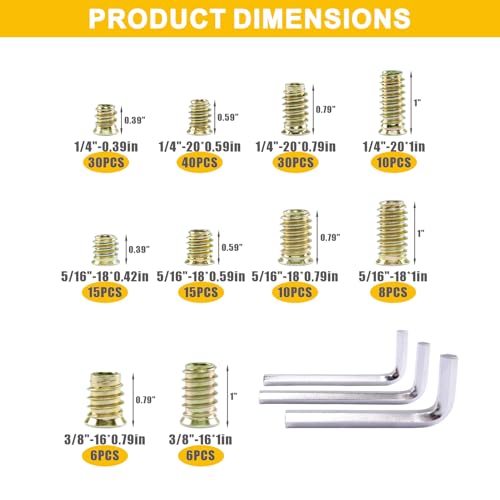 170 PCS Threaded Inserts for Wood Assortment Kit - 10 Sizes (1/4"-20, 5/16"-18, 3/8"-16) with M6/M8/M10 Hex Wrenches - Steel Inserts for Furniture Screws, Wood Furniture & Cabinet M LMTJ001 golden