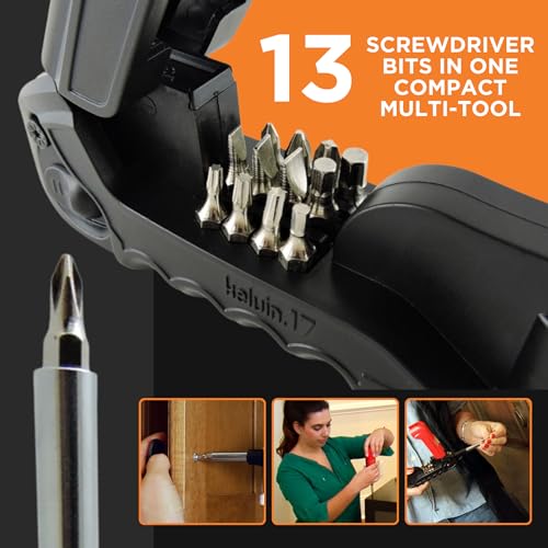 Kelvin Tools - Kelvin 17 Urban Screwdriver Set, All in One Everyday Multitool Screwdriver, Multi-Tip, Compact & Universal Precision, 13 Bit Set with Tape Measure, Liquid Level, Hammer and Flashlight Red