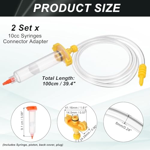 uxcell 2Pcs 10cc Air Tubing Glue Dispenser Syringes Kit, Syringes Connector Adapter Plastic Clear Tube Sleeve with Piston, End Cap, Top Hat for Industrial Glue Liquid Dispensing, Yellow