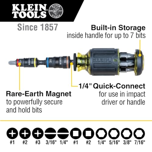 Klein Tools 32308HD Impact Driver Set, 12-in-1 Stubby Screwdriver Set, 2 Hex Flip Sockets, 7 Bits, 1/4-Inch Bit Holding Feature Heavy Duty