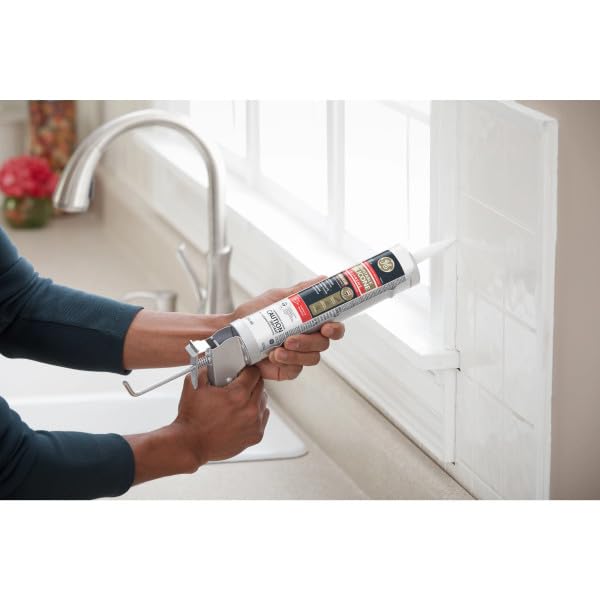 GE Supreme Paintable Silicone Caulk for Kitchen & Bathroom, White, 9.5 fl oz Cartridge, 1 Pack - 100% Waterproof Silicone Sealant, 7X Stronger Adhesion, Shrink & Crack Proof Pack of 1