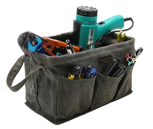 Tool Bag for Organizing, Waxed Canvas Wide Open Top Tool Tote Bag with 6 External Pockets, 13.8 x 7.8 x 7.8 Inches (ArmyGreen) ArmyGreen-Single