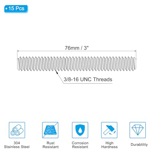 PATIKIL 3/8"-16 UNC 304 Stainless Steel Fully Threaded Rod, 15Pcs 3" Length Long Threaded Screw Right Hand Threads All Threaded Rod Studs for Anchoring Bolt, Clamps, Hangers and U-Bolts 3/8"-16 x 3"