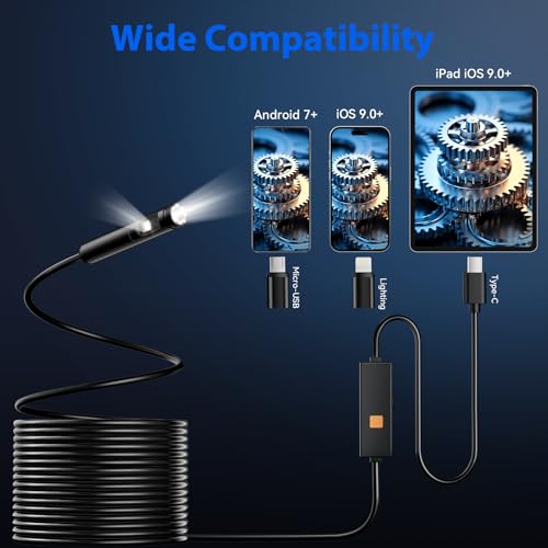 Endoscope Camera with Light, Dual-Lens 1920P HD Borescope Tools with 8+1 Adjustable LED Lights, 16.4FT Semi-Rigid Snake Cord IP67 Waterproof Inspection Camera for iPhone, iPad, iOS and Android Phone Dual Lens