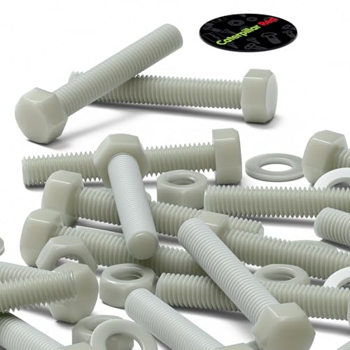 10x Natural Glass Filled Nylon Hex Head Screws M10 x 60mm, Nuts & Washers