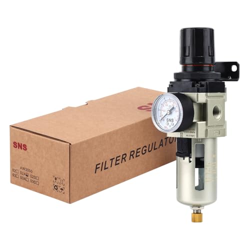 SNS 1/4''NPT Compressed Air Compressor Pressure Filter Regulator Piggyback Combo - Poly Bowl with Metal Guard, Semi-auto Drain, Bracket, with Gauge AW3000-N02A 3000-N02 Aw