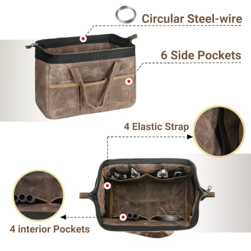Tool Bag, 13-inch Heavy Duty 16oz Waxed Canvas Wide Mouth Water-Resistant Tool Bag, Tool Tote with Handle for Tools, Wrenches, Screwdrivers (13 X 7 X 9 inch) | Grey 13 Inch