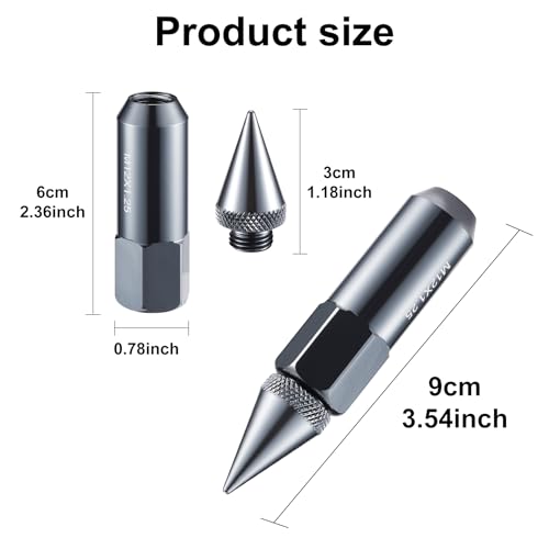 SINGARO 20PCS M12X1.25 Wheel Lug Nuts, Cap Spiked Extended Tuner 60mm Aluminum Wheels Rims Lug Nuts (Gray) Grey