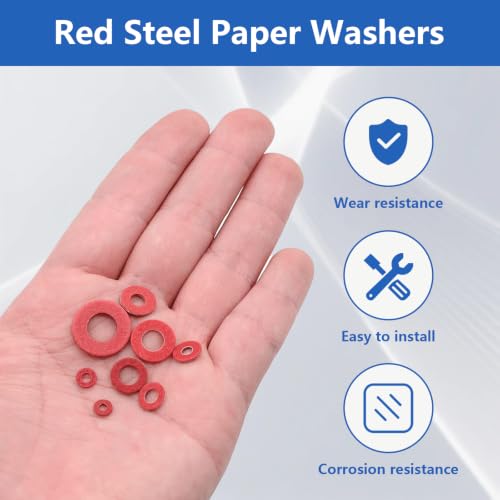 600Pcs Fiber Washers, 12 Sizes Insulated Fiber Washers Assortment, 0.8mm Thick Red Steel Paper Washer, Insulation Washer Assorted with Storage for Electrical Connections