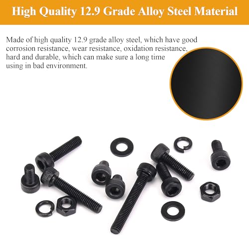 555 Pieces M3 Screws Nuts Washers Set Black, Sutemribor M3 x 6/8/10/12/16/20/25mm Hex Socket Head Cap Screws Nuts Washers Assortment Kit, 12.9 Grade Alloy Steel, Fully Threaded M3 x 6-25mm
