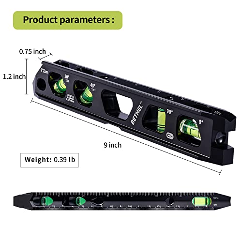 BETHEL Torpedo Level, Magnetic Conduit Level with 4 Vials, V-Groove and Magnet Track,Aluminum Alloy Construction, High Viz Black (9 inch) Black-9 Inch