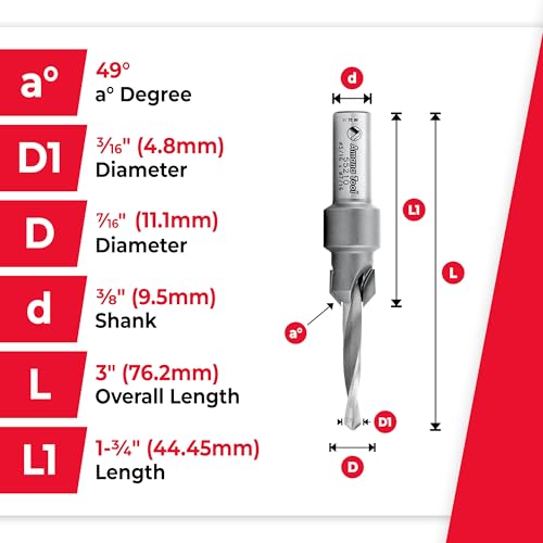 Amana Tool Carbide Tipped Countersink Drill Bit, 55210, 10 Screw, 7/16 Dia x 3/16 Drill Dia x 3/8 Round Shank
