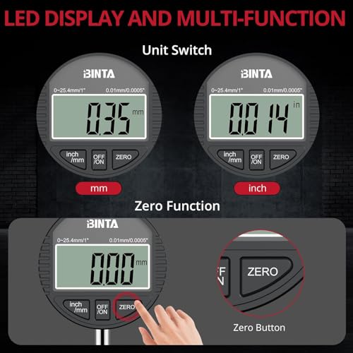 BINTA Digital Dial Indicator 1inch/0.0005inch, Digital Indicator Black 0-1''/0.0005''