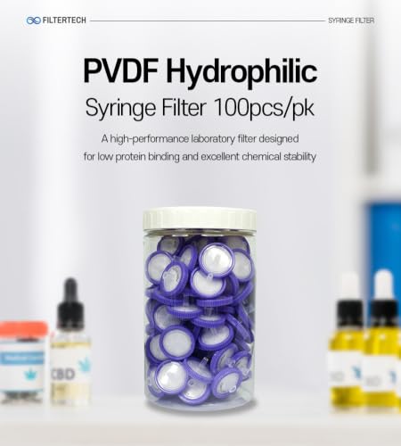 FilterTech 25mm PVDF Hydrophilic Syringe Filters, 0.22um, 100 Pack (PVDF Hydrophilic, 0.22um, 100 Pack)