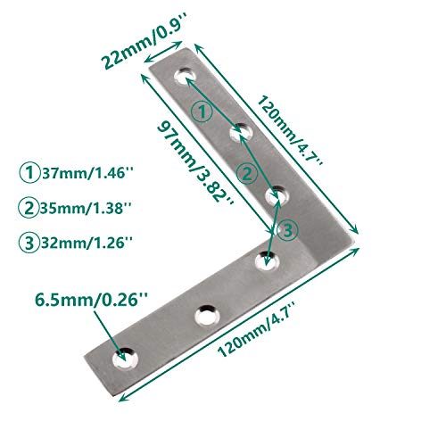4 Pack Stainless Steel L Shape Flat Corner Bracket Plate - Repair Mending for Wood, Metal Fixing, Joining Support Brace for Shelves, Furniture and Cabinet (120x120mm) 120 x 120 mm