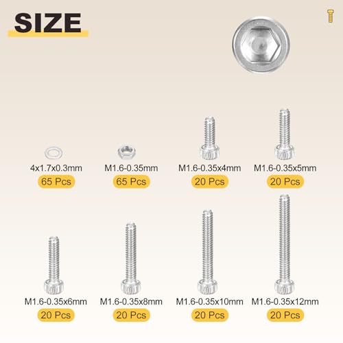 METALLIXITY Socket Head Cap Screws Kit (M1.6x4/5/6/8/10/12) 250Pcs M1.6x4/5/6/8/10/12mm 250
