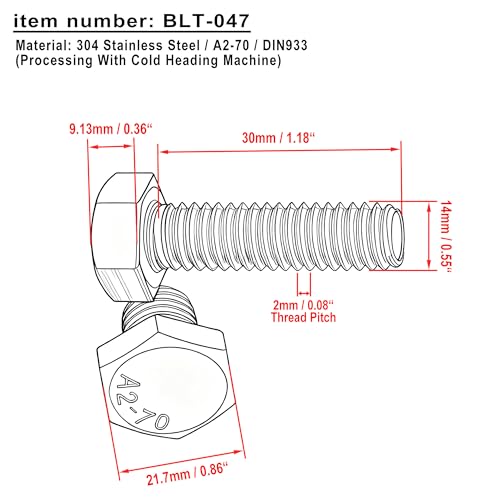 (Pack of 5pcs) M14 Thread Pitch 2mm 304 Stainless Steel Metric Hex Head Cap Screws Bolts, Hexagon Head Bolts (M14x30mm) M14x30mm