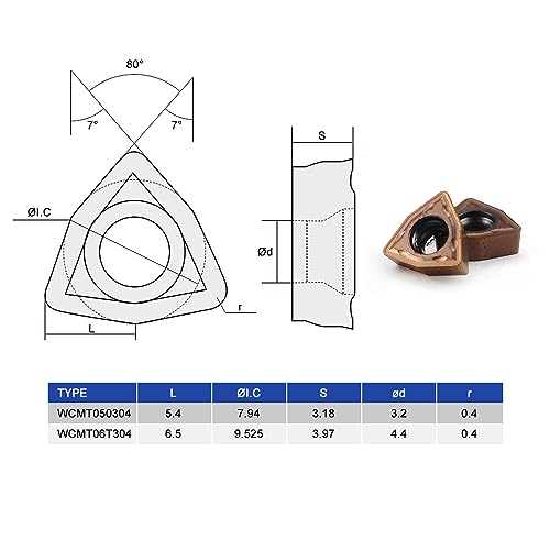 Carbide Turning Inserts WCMT050304 WCMT2.52 TiN Coated Carbide Inserts for Lathe Turning Tool CNC Lathe Turning Tool Holder Indexable Inserts for Steel Metal Machining, 10 Pieces