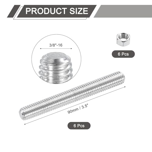uxcell 3/8"-16 Fully All Threaded Rod, 6 Pcs 304 Stainless Steel Long Threaded Screw 3.5" Length Right Hand Threads for Furniture Mounting Assembly Fastening 3.5"