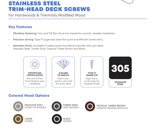 US4 - #8 x 2-1/2" - Tropical Timber Brown Wood Screws | 305 Stainless Steel | Trim Head T15 Star Drive | Rust & Corrosion-Resistant | Outdoor Decking Screws (100, #8x2.5-2.5Inches) 100 #8 x 2-1/2"