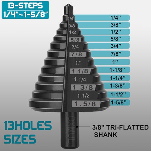 Large Step Drill Bit for Steel,1-5/8",13Hole,M42 Cobalt Step Bit, 1-5/8"