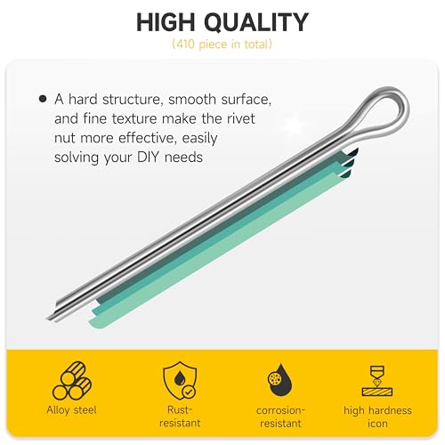 410Pcs Cotter Pin Assortment Kit, 6-Size Heavy Duty Metal Cotter Pins, Hardware Pins Cotter Pin Set for Trucks, Hitch Pin Lock System, Machinery, Lawn Mowers, Hitch Clips & Pins by Mywish 410Pcs Straight Pins