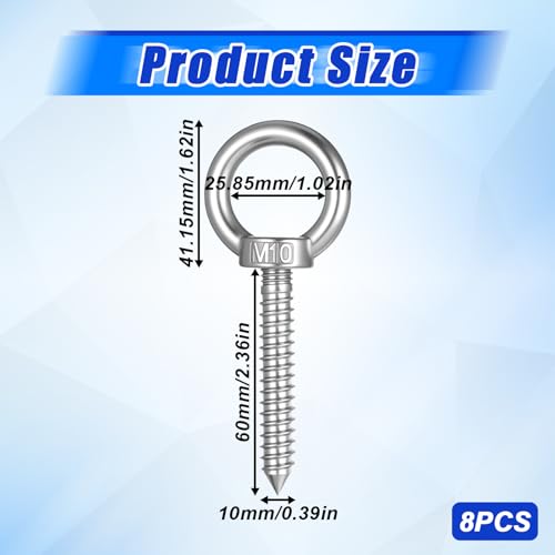 8Pcs 4 Inch Heavy Duty Eye Hooks M10 Self Tapping Eyelet Screw Eye Bolt Load Capacity 500LBS 304 Stainless Steel Eyes Hooks Screw in Heavy Duty for Hammock Stand, Yoga, Swing Chair