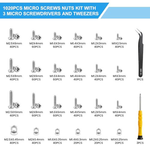 1020 Pcs Micro Screws Assortment Kit, M1-M2.5 Metric Machine Screws and Nuts, 304 Stainless Steel Phillips Pan Head Tiny Small Screws with Tools for Electronics,Arduino,RC Models,DIY Projects
