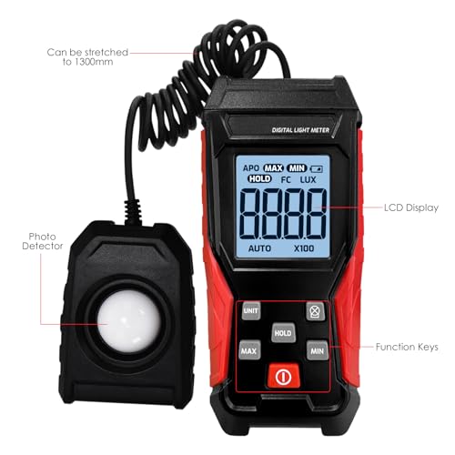 Digital Light Meter, Handheld Illuminance Meter with 360° Rotating Sensor, 0~200,000Lux Range Luxmeter with 4 Digit LCD Display, Data Hold, Max/Min for Plants, Photography, Headlights, Home, Office