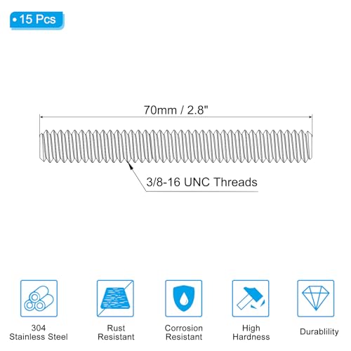 PATIKIL 3/8"-16 UNC 304 Stainless Steel Fully Threaded Rod, 15Pcs 2.8" Length Long Threaded Screw Right Hand Threads All Threaded Rod Studs for Anchoring Bolt, Clamps, Hangers and U-Bolts 3/8"-16 x 2.8"