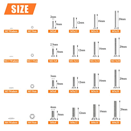HELIFOUNER 1280 Pieces M2 M2.5 M3 M4 304 Stainless Steel Countersunk Head Socket Cap Metric Screws Bolts Washers Nuts Hardware Assortment Kit with Hex Wrenches ['M2/M2.5/M3/M4']