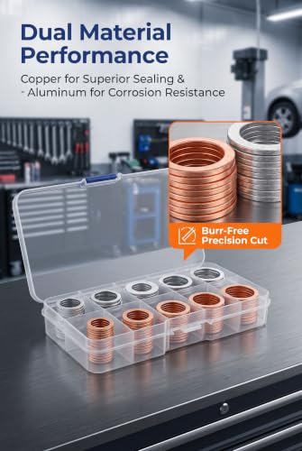 100 PCS Oil Drain Plug Crush Washers, M10 M12 M14 M16 M18 Assortment Kit, Mixed Copper and Aluminum Sealing Gaskets with Plastic Storage Box, Universal Car Oil Pan Drain Plug Replacement
