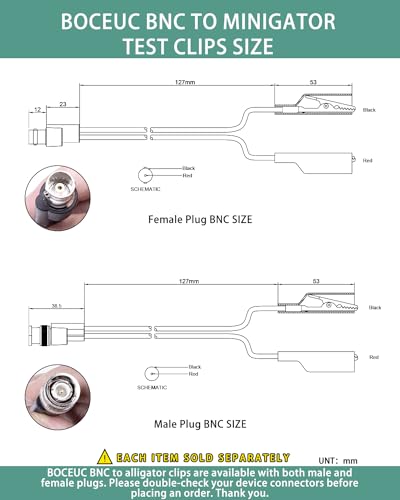 BNC Test Leads, BNC (F) to Alligator Clip, Test Lead Breakout Cable for Multimeter, 5A Current Rating, 2 Pack Female Plug (Pack of 2)