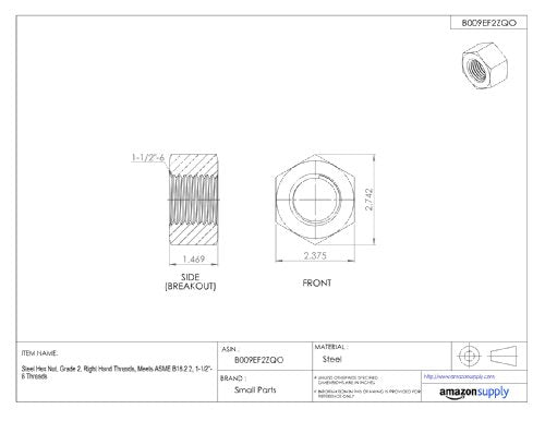 Steel Hex Nut, Hot-Dipped Galvanized Finish, Grade 2, ASME B18.2.2, 1-1/2"-6 Thread Size, 2-1/4" Width Across Flats, 1-9/32" Thick 2 1/4 inches 1 9/32 Inches
