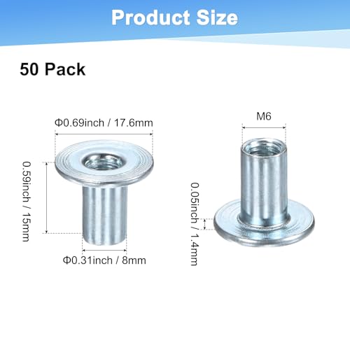M METERXITY 50-Pack M6x15mm T-Nuts Zinc Plated Carbon Steel Tee Nut Silver