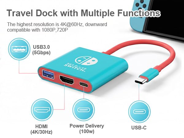Switch Dock, Portable TV Docking Station Compatible with Steam Deck/ROG Ally/Legion GO, 3-in-1 Switch Travel Dock with HDMI 4K@60Hz, 100W Charge PD Port and USB 3.0