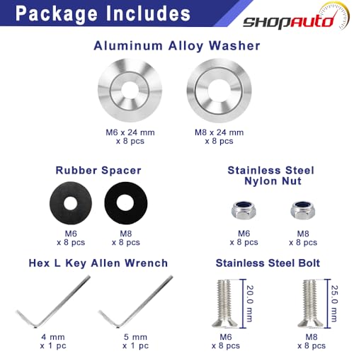 Aluminum Tapered Washer, 24mm OD, M6 & M8 16-Set Kit (Silver) 16-Piece Silver