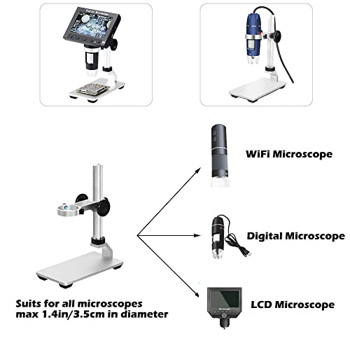 Universal Microscope Stand Pro, Stable Professional Aluminum Alloy Scope Base Holder Support Bracket for Max Diameter 1.4" USB Digital Wireless WiFi Microscope Endoscope Magnifier Camera Silver