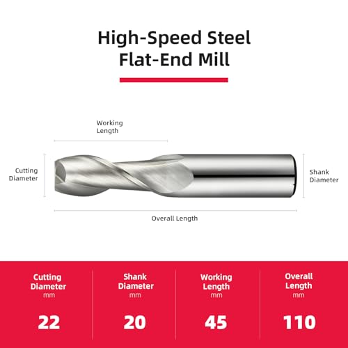 22mm 1pcs, 2 Flute HSS Straight Shank End Mill Cutter,Center Cutting, Slot & Keyway Milling DRINYOUNG (2-Flute, 22mm) 2-Flute