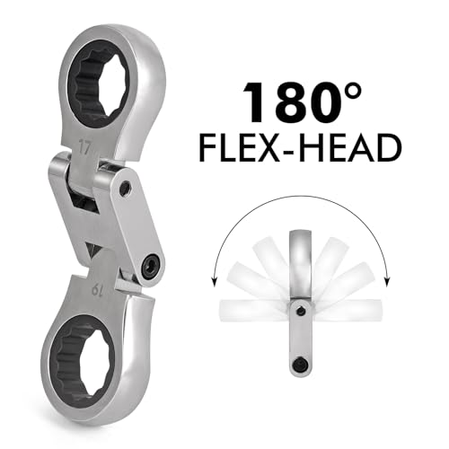 Stubby Wrenches Set, 72-Tooth Flex Head Ratcheting Wrench Set, Compact Double Box End Ratchet Wrench Metric 8-19mm 5 Pieces for Tight Spaces