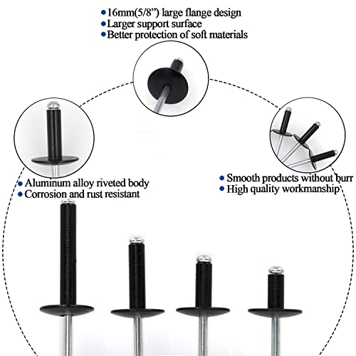 Alloypro 50pcs Black Large Flange Blind Rivets, Aluminum,Flange Diameter 5/8" (16 mm),Pop Rivets Assortment Kit Blind Rivet,3/16" x 3/4",Grip Range(13-16mm) Black 4.8*19mm