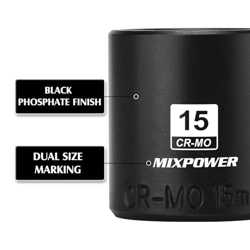 MIXPOWER 1/4" Drive Shallow Magnetic Impact Socket Set with Storage Rails, 14-Piece, 6 Point, 4-15mm, Metric, CR-MO 1/4"Dr.Shallow
