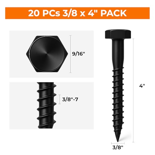 3/8 x 4 Black Lag Bolts, 20 PCs Dacromet-Coated 304 Stainless Wood Heavy Duty Lag Screws for Deck Frame and Outdoor Projects, Hex Head 3/8 x 4"